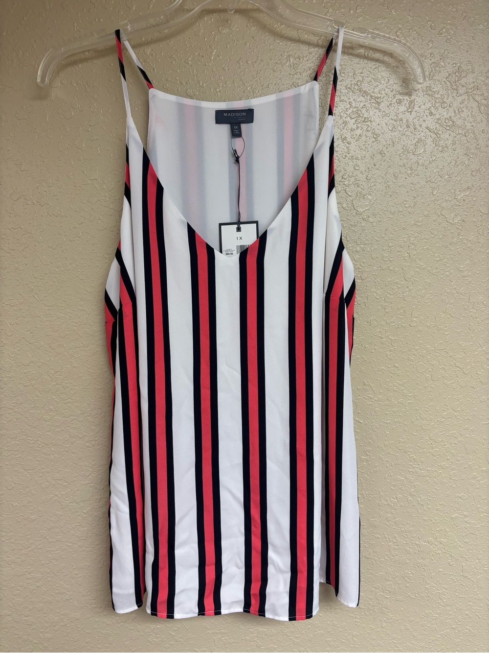 Madison White Cami with Pink & Black Vertical Stripes